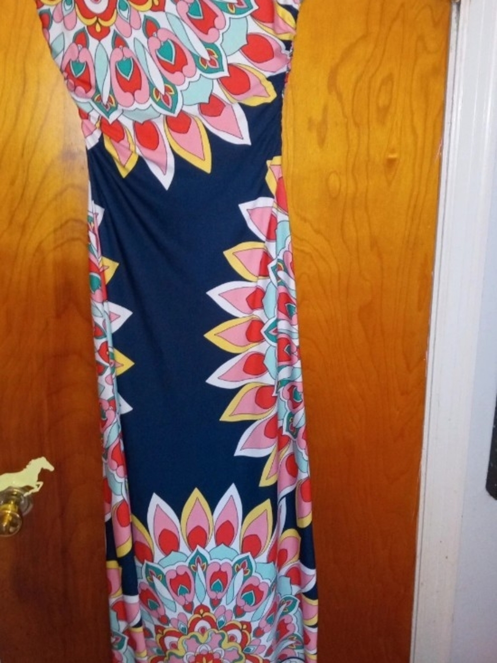 paper doll Navy Maxi Dress with Pink, Coral, Yellow & Aqua Medallion Print